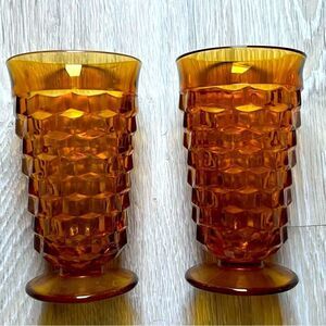 Vintage Fostoria 2 Piece 3-D cube pattern amber Gold iced tea glasses Goblet USA
